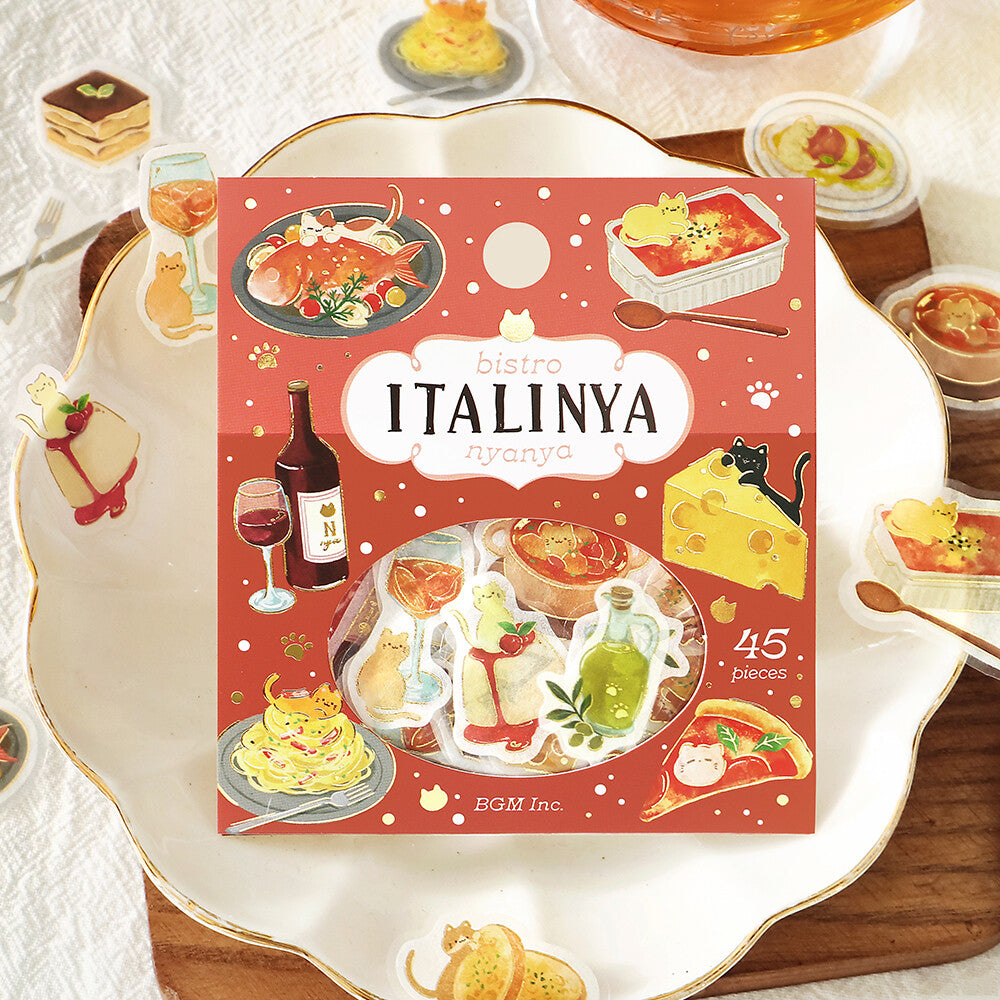 A package of 45 washi sticker pieces from BGM Inc. themed around Italian cuisine