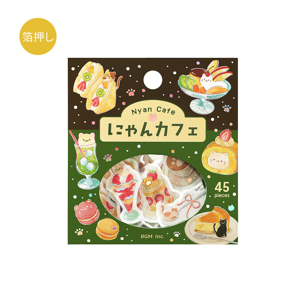 A package of 30 PET sticker pieces from BGM Inc. themed around matcha green tea and desserts with cats