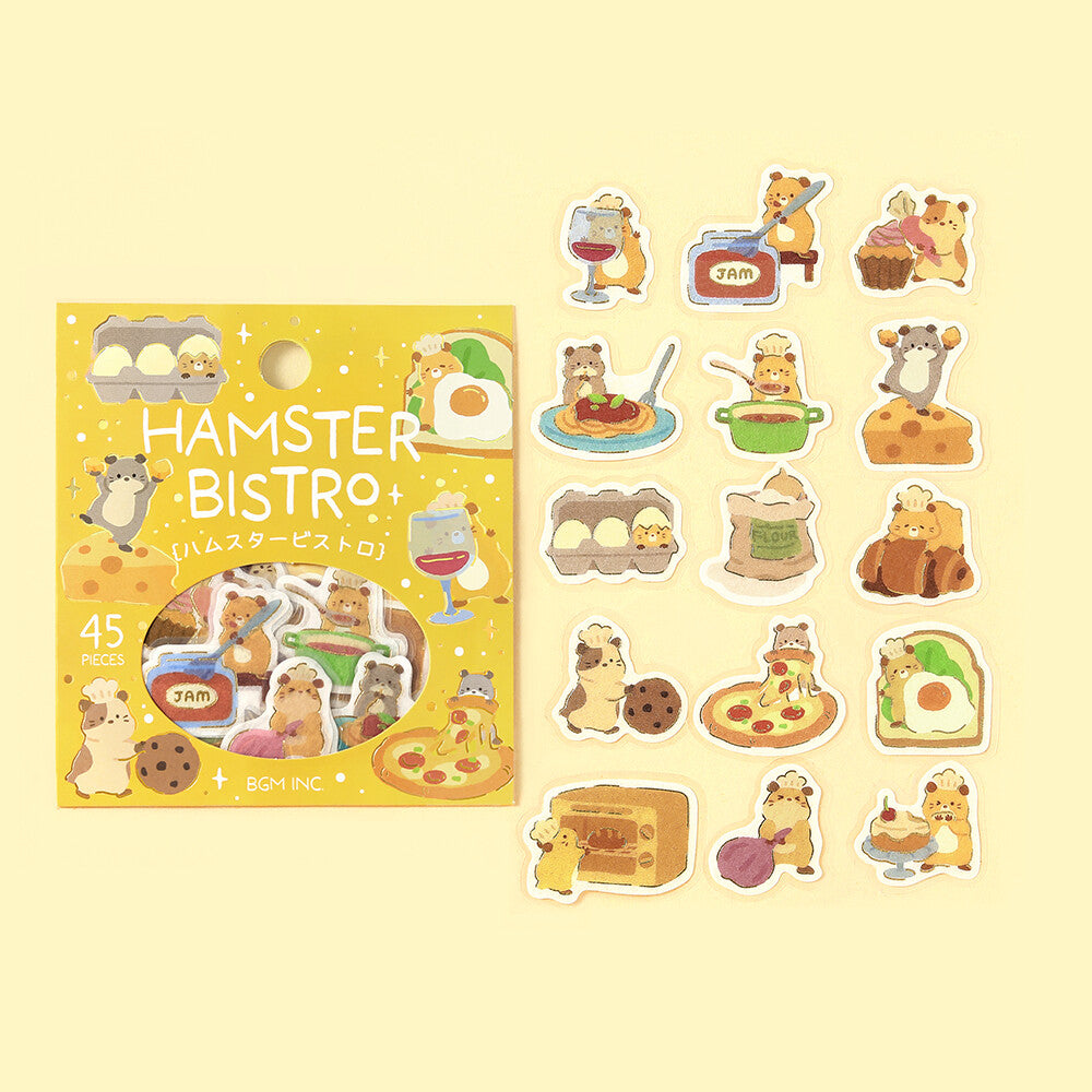 A set of Hamster themed stickers displayed next to their packaging on a yellow background. The stickers feature various illustrations of hamsters cooking
