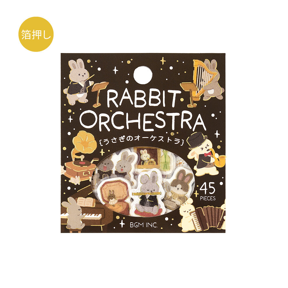 A package of 45 washi sticker pieces from BGM Inc. themed around rabbits at the orchestra playing musical instruments
