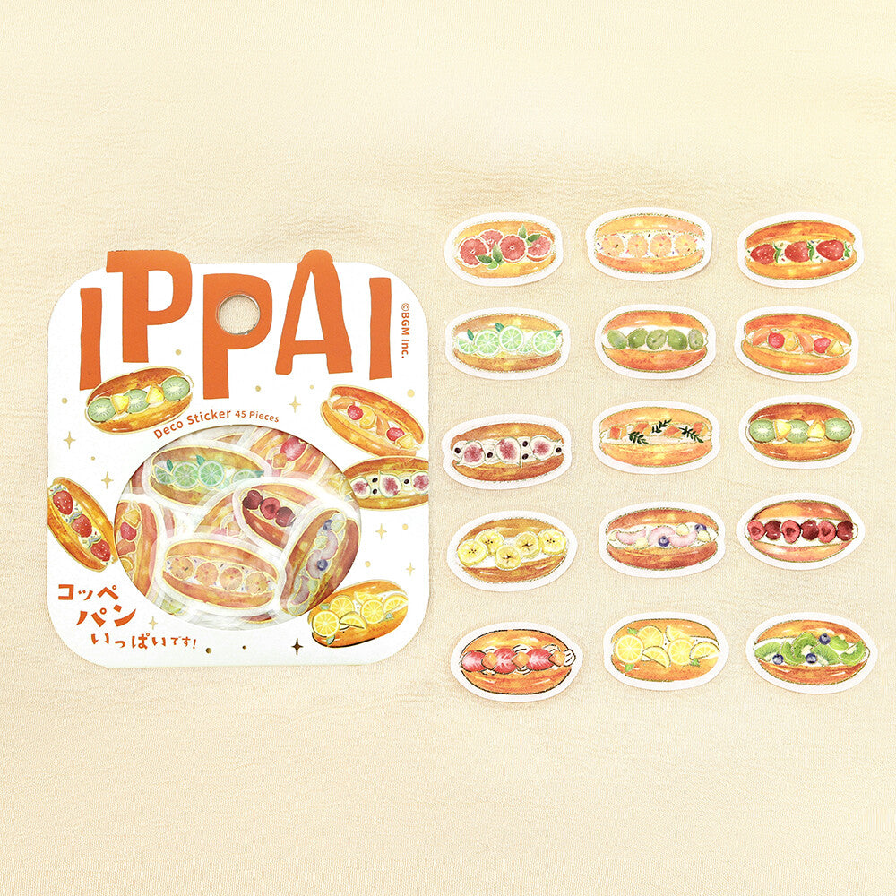 Pack ofIPPAI deli stickers with illustrations of sandwiches on a beige background