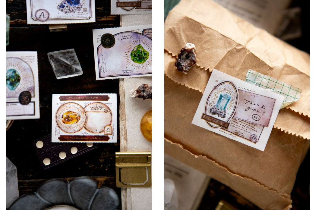 Labels with gem and rock illustrations decoratively used on a brown paper bags
