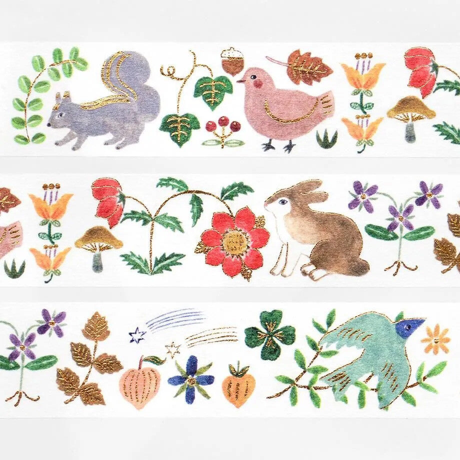 Washi tape design with illustration of a bunny and forest animals on a white background