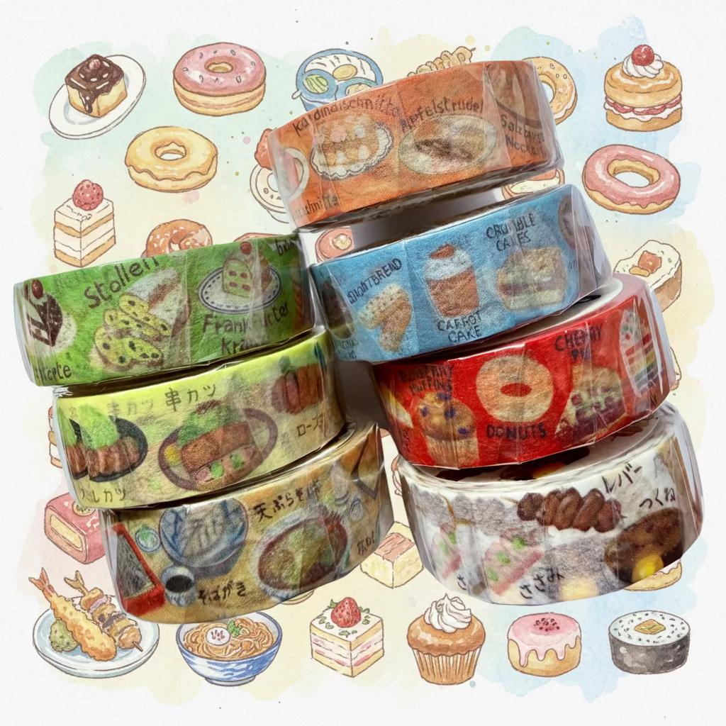 7 washi tapes lined up against white background