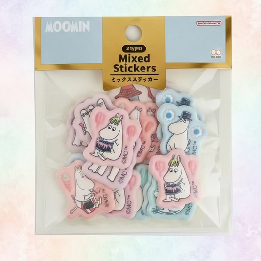 Packaging of set of foam stickers that are Moomin Themed on a watercolour background