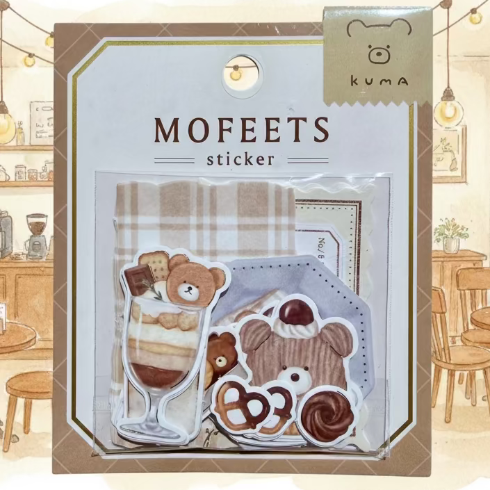 A packet of Mofeets stickers showing illustrations of bears on desserts