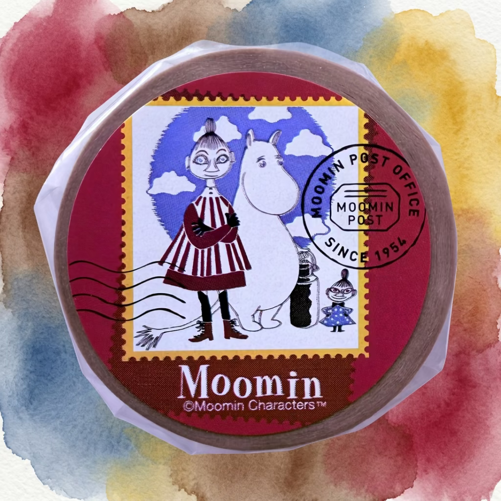 Washi tape featuring a stamp strip from Moomin on a white background