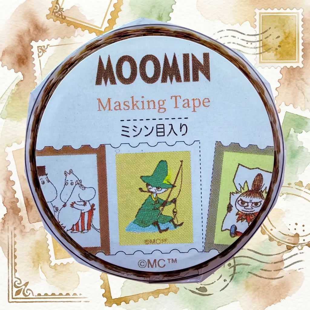 Moomin washi tape roll on a watercolor background