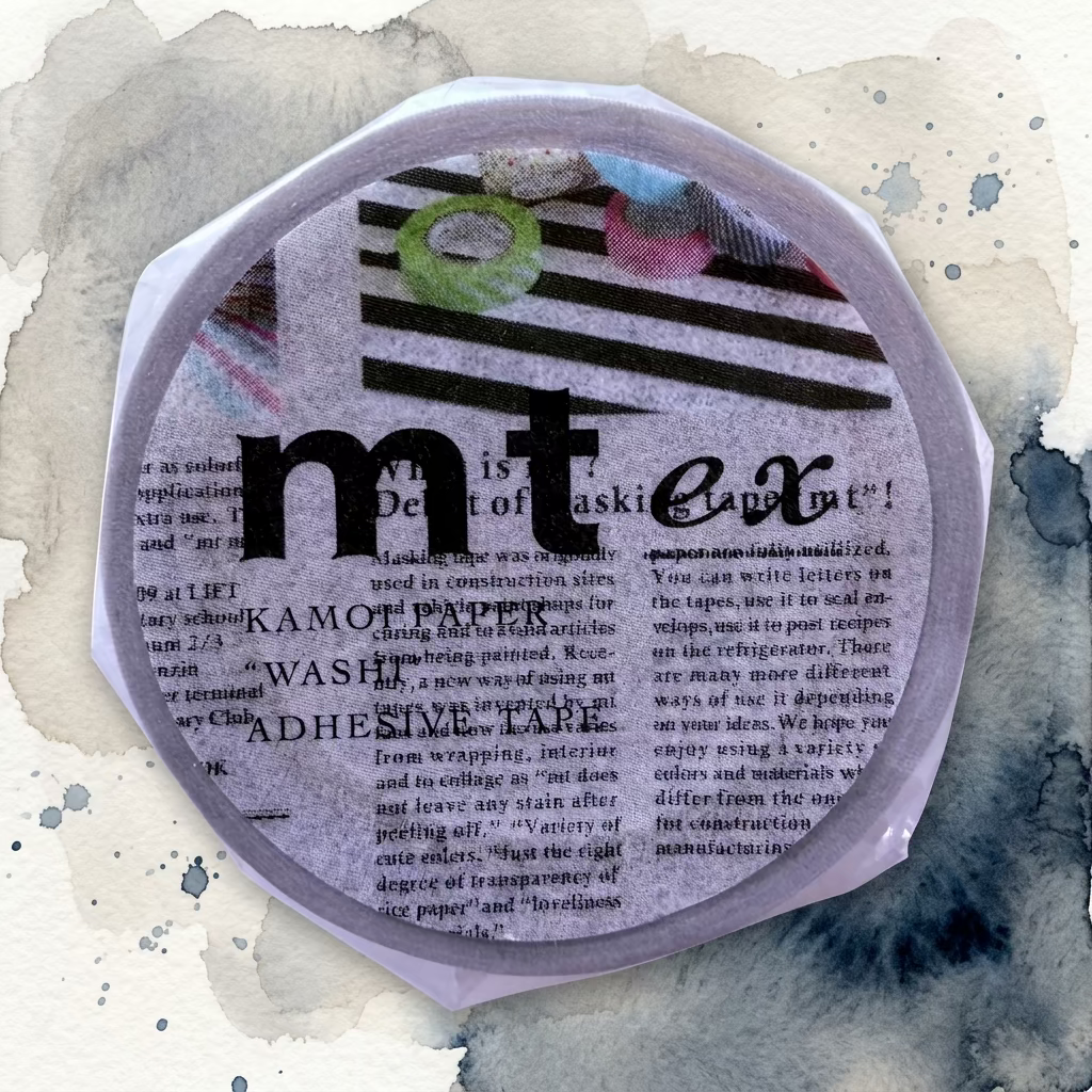 MT washi tape roll with newspaper theme on a watercolour background