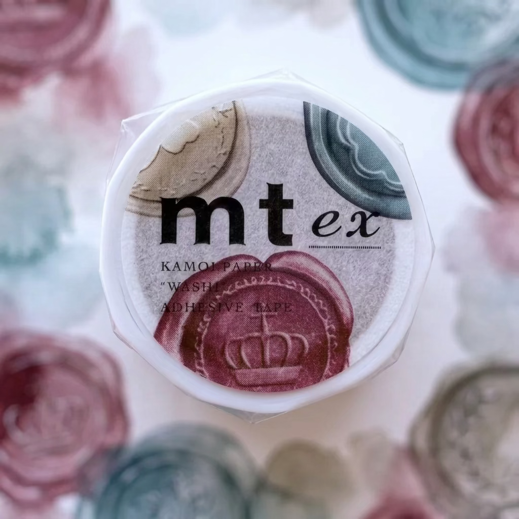 Washi tape roll by MT depicting sealing was stamps on watercolour background