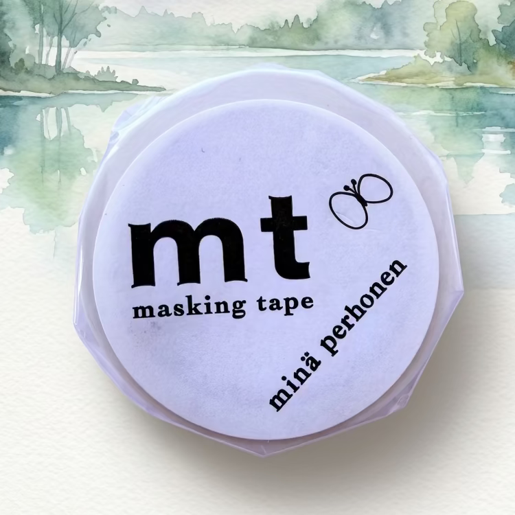 Washi tape roll of MT collaboration with minä perhonen on a watercolour background