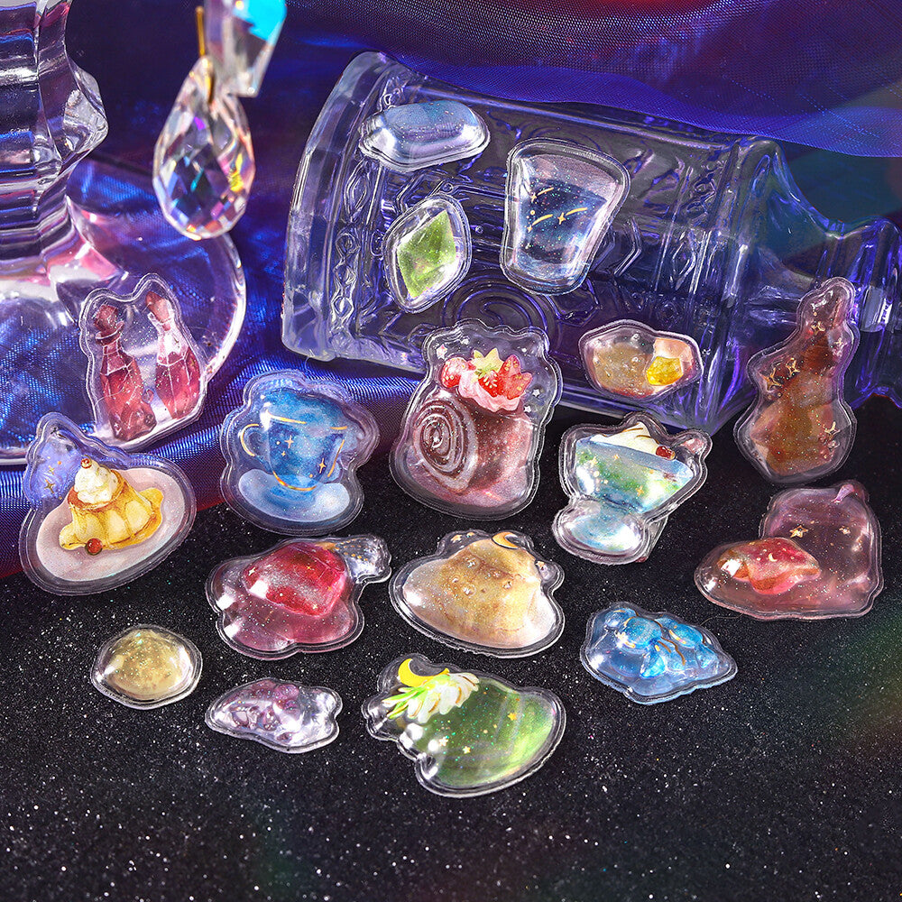 Collection of colorful glass figurines on a dark surface