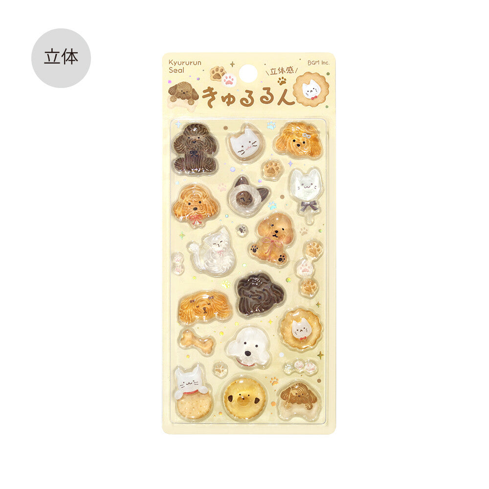 Sheet of cute animal-shaped stickers with 'Kyururun' branding on a beige background.
