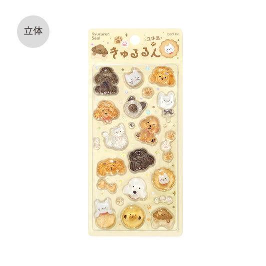 Sheet of cute animal-shaped stickers with 'Kyururun' branding on a beige background.