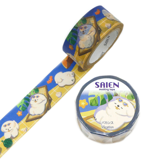 Masking tape with cartoon dog design and 'Saien' branding on a white background