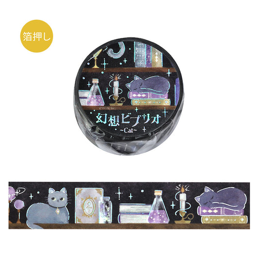 Decorative washi tape with cat and bookshelf design on a black background