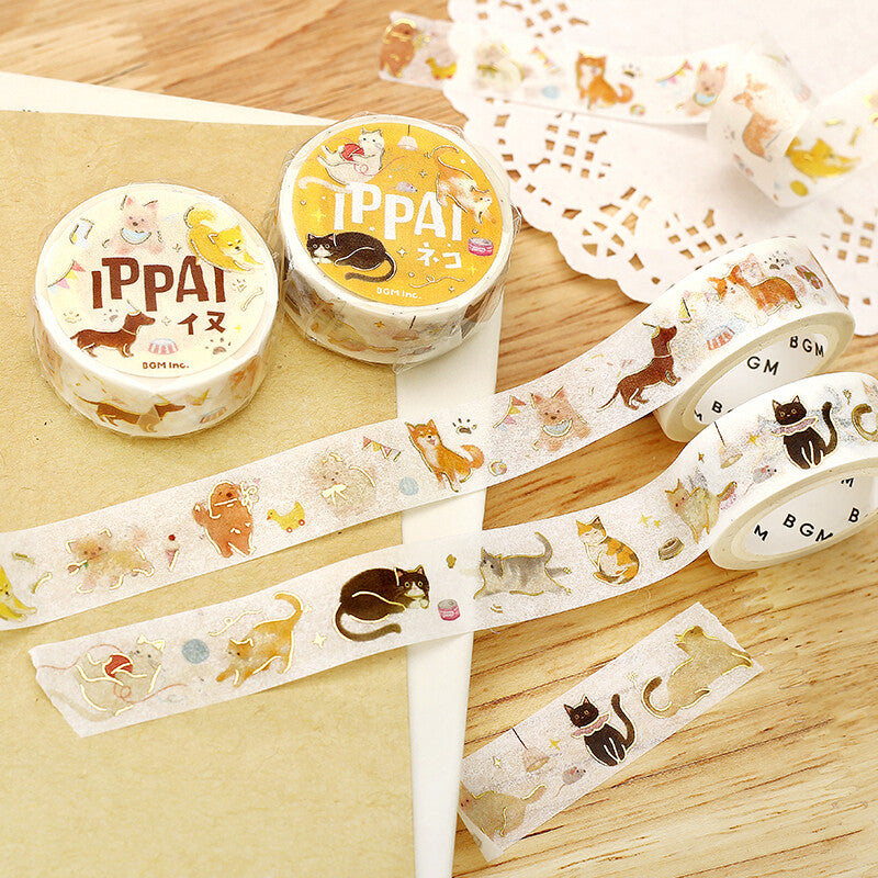 2 BGM washi tape featuring dogs and cats in playful poses on a wood background