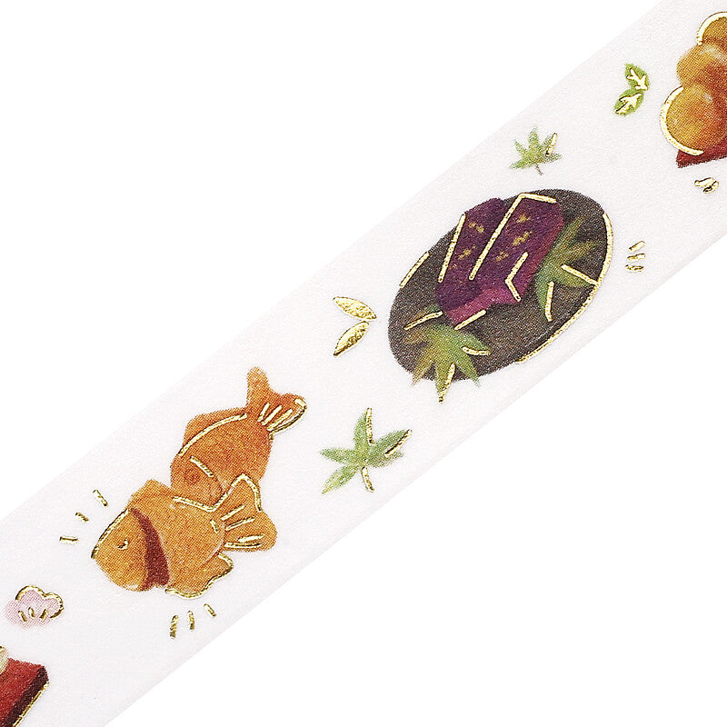Decorative paper with gold fish and purple plant design on a white background