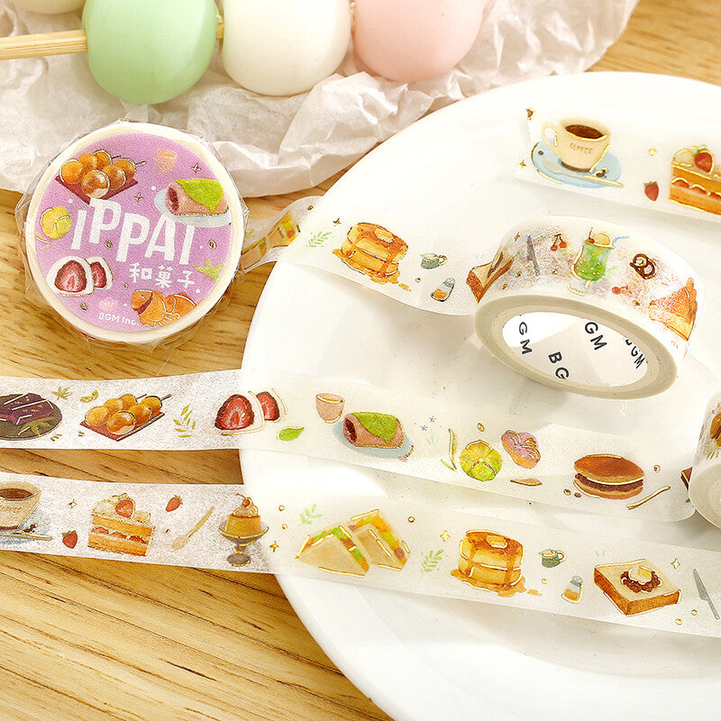Decorative tape with food illustrations on a wooden surface