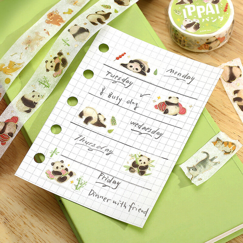 Notepaper with BGM washi tape featuring pandas in cute poses on green paper background