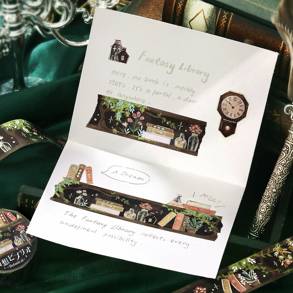 Open book with illustrations of a fantasy library on a green surface with decorative elements.