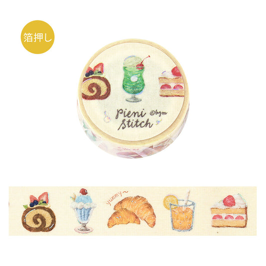Round washi tape with illustrations of food items and 'Pieni Stitch' branding on a white background.