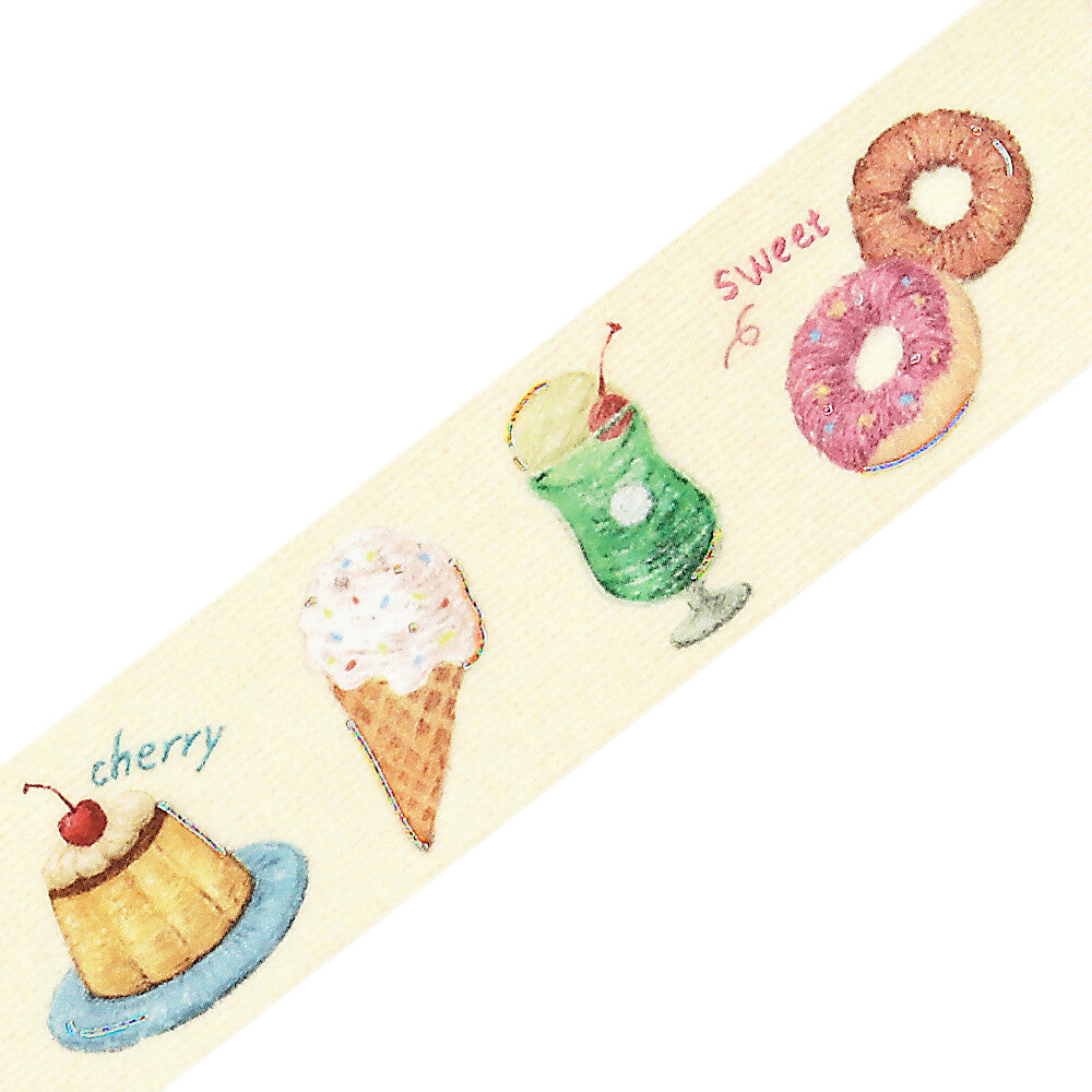 Decorative paper strip with illustrations of ice cream, donuts, and drinks on a beige background.