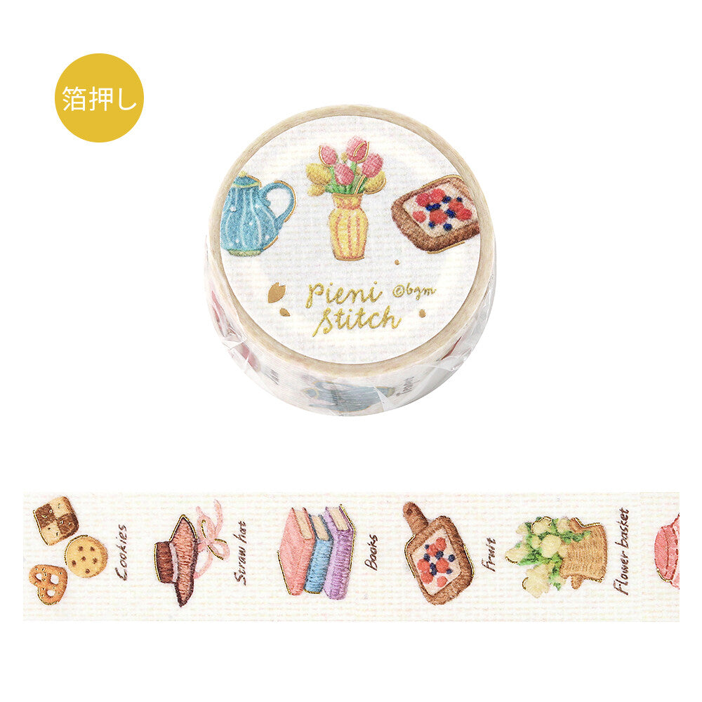 Decorative tape with illustrations and 'Pieni Stitch' branding on a white background