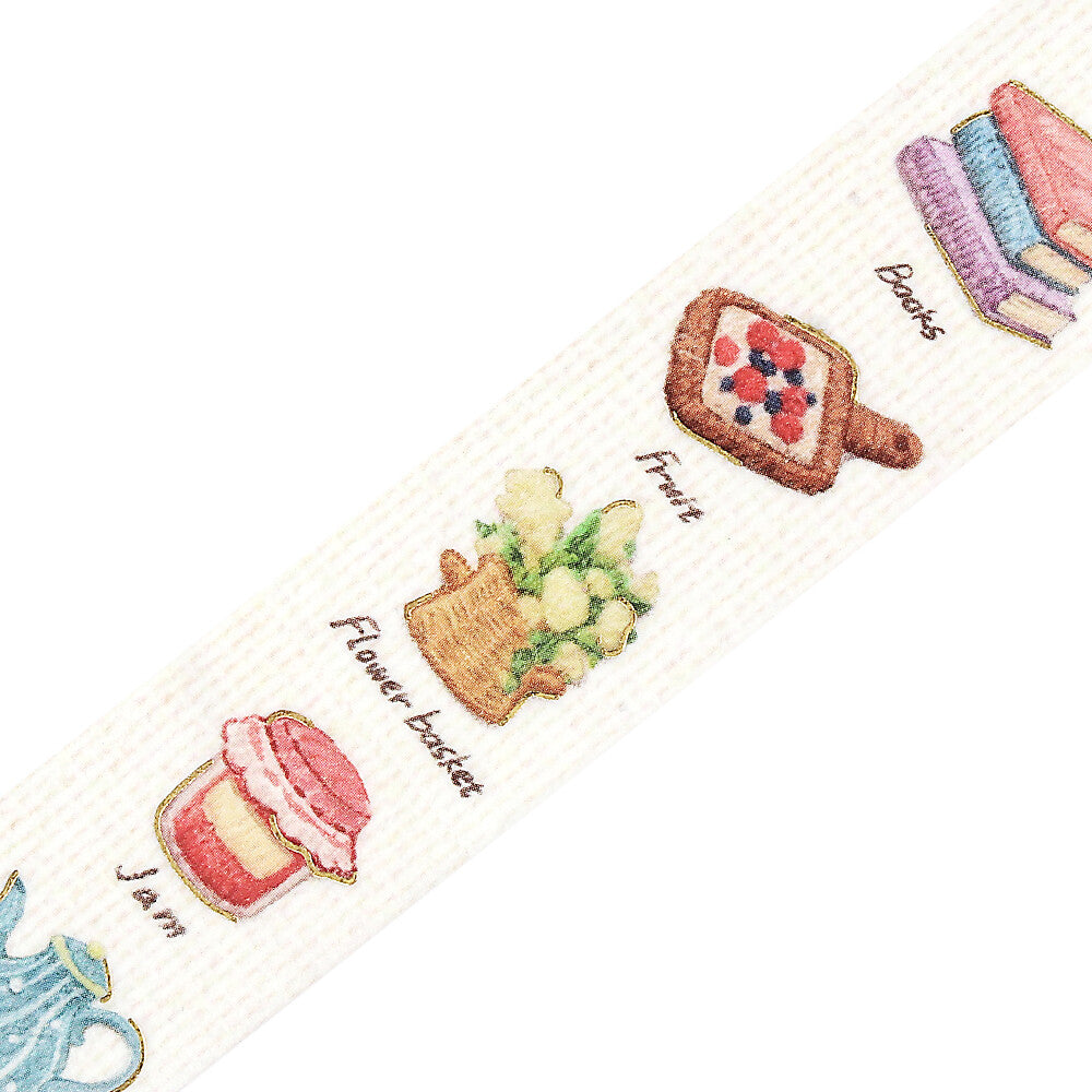 Decorative border with illustrations of a cake, flower basket, fruit, books, and teapot on a white background.