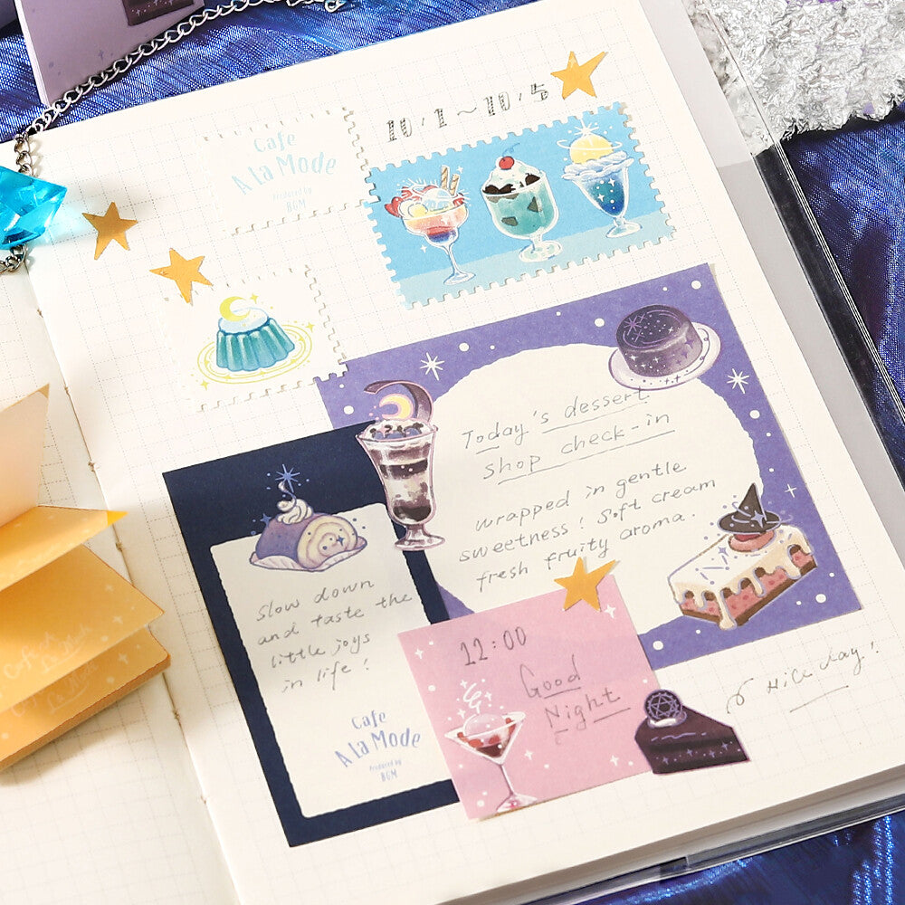 An open page in a journal that displays several types of memo paper with writing on them against a fabric textured background