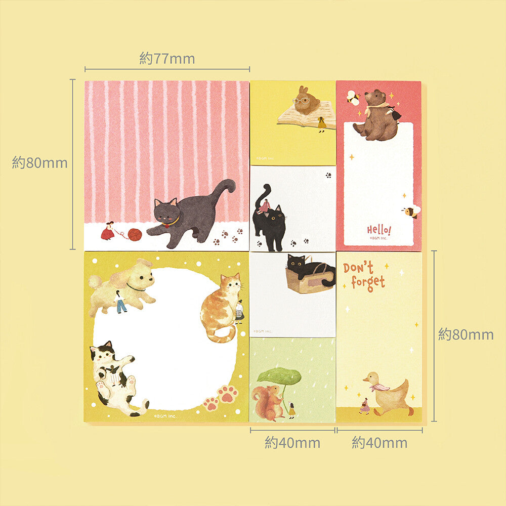 8 sets of decorative memo pads with animal illustrations on a yellow background