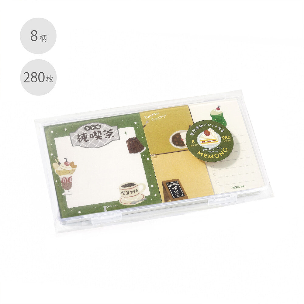A packet of memo pads in a clear plastic container on a white background