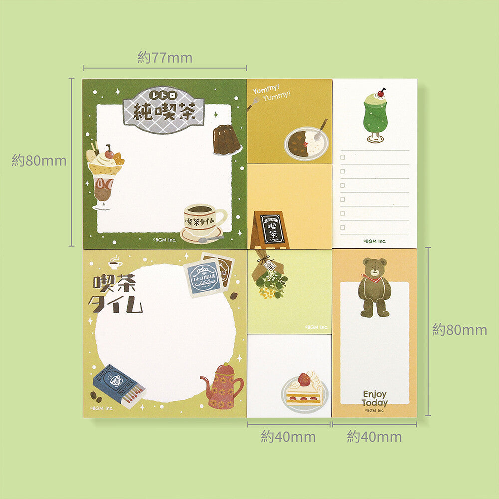 8 sets of decorative memo pads with animal and coffee nostalgia theme on a green background