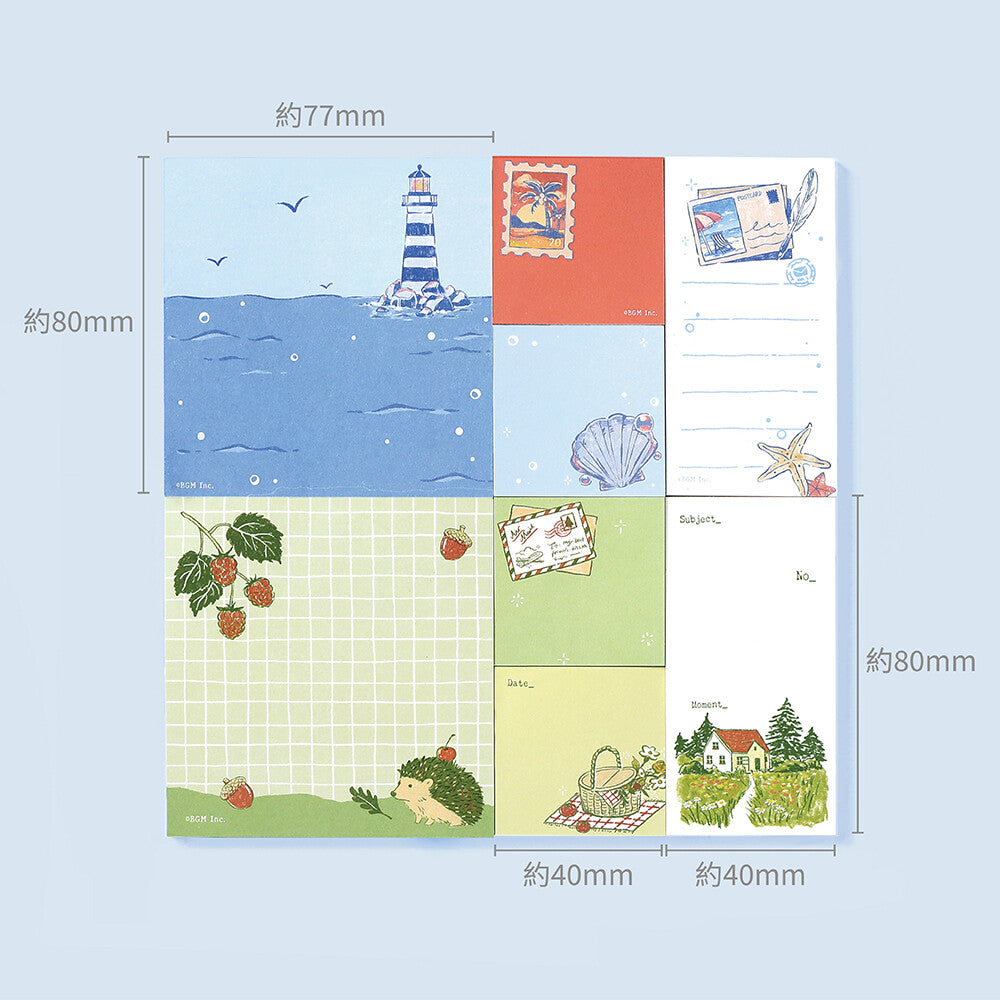 8 decorative memo pads with travel theme illustrations on a light blue background