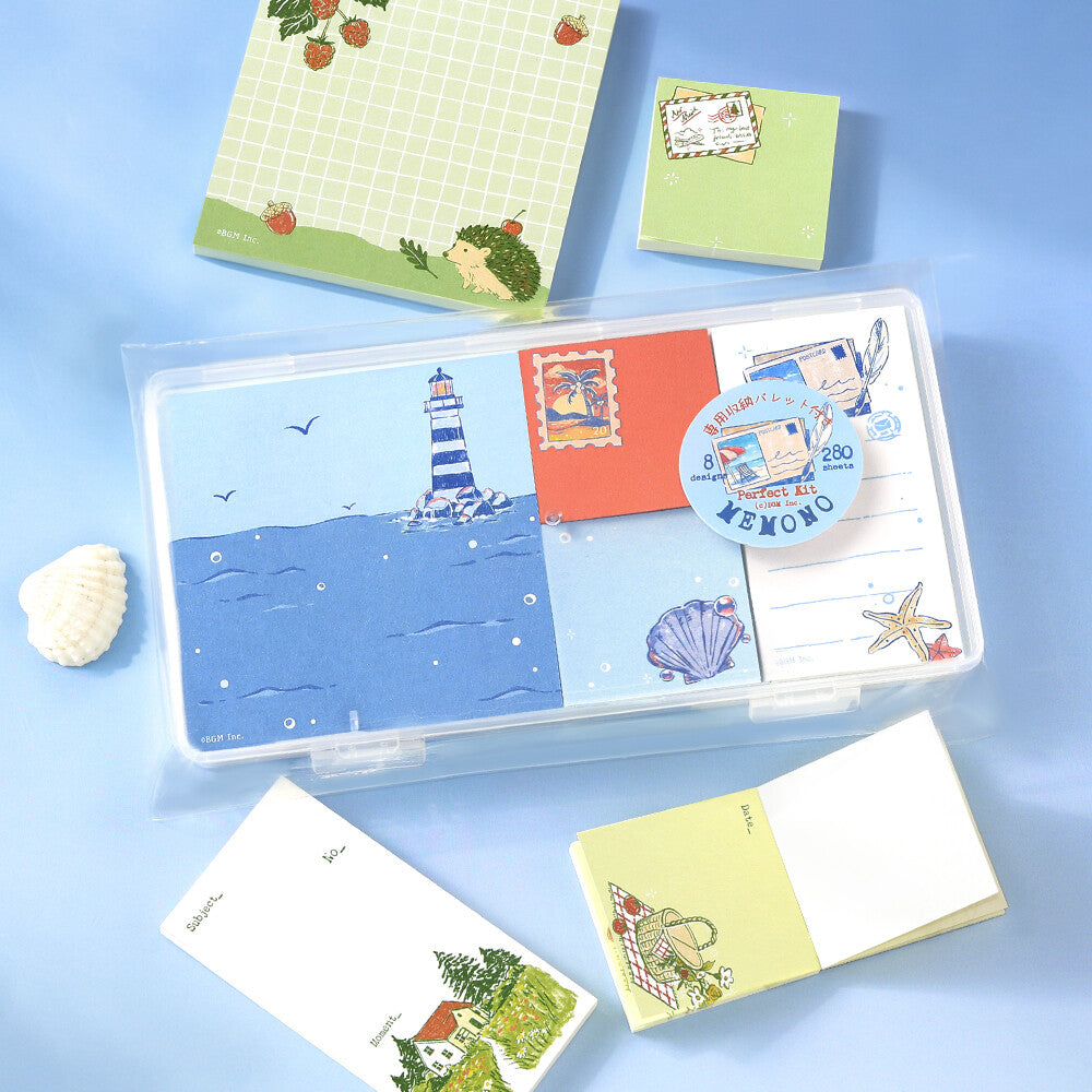 A packet of decorative memo pads with illustrations on them, on a blue background
