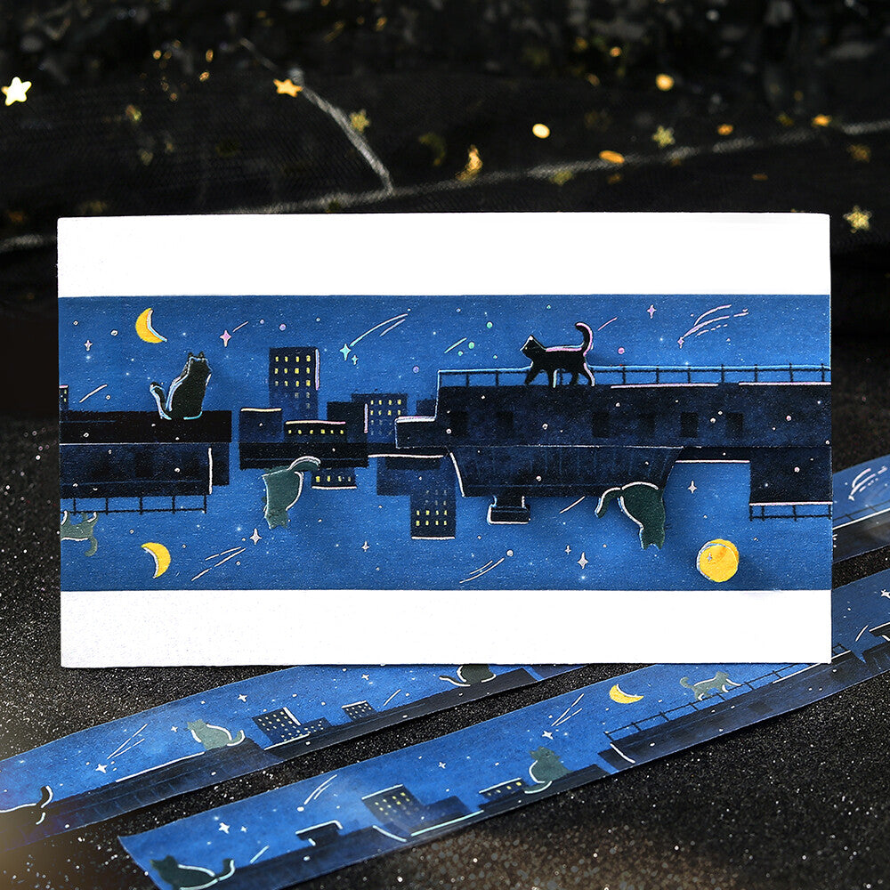 Decorative Washi Tape of a cat over a night sky on a card with textured background