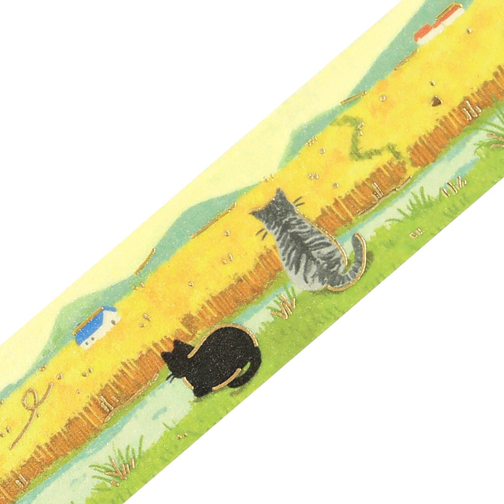 A washi loop with the back of two cats looking over a wheat field