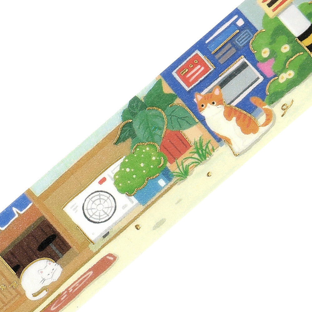 A washi strip of cats sitting by shop doors and looking cute on the street