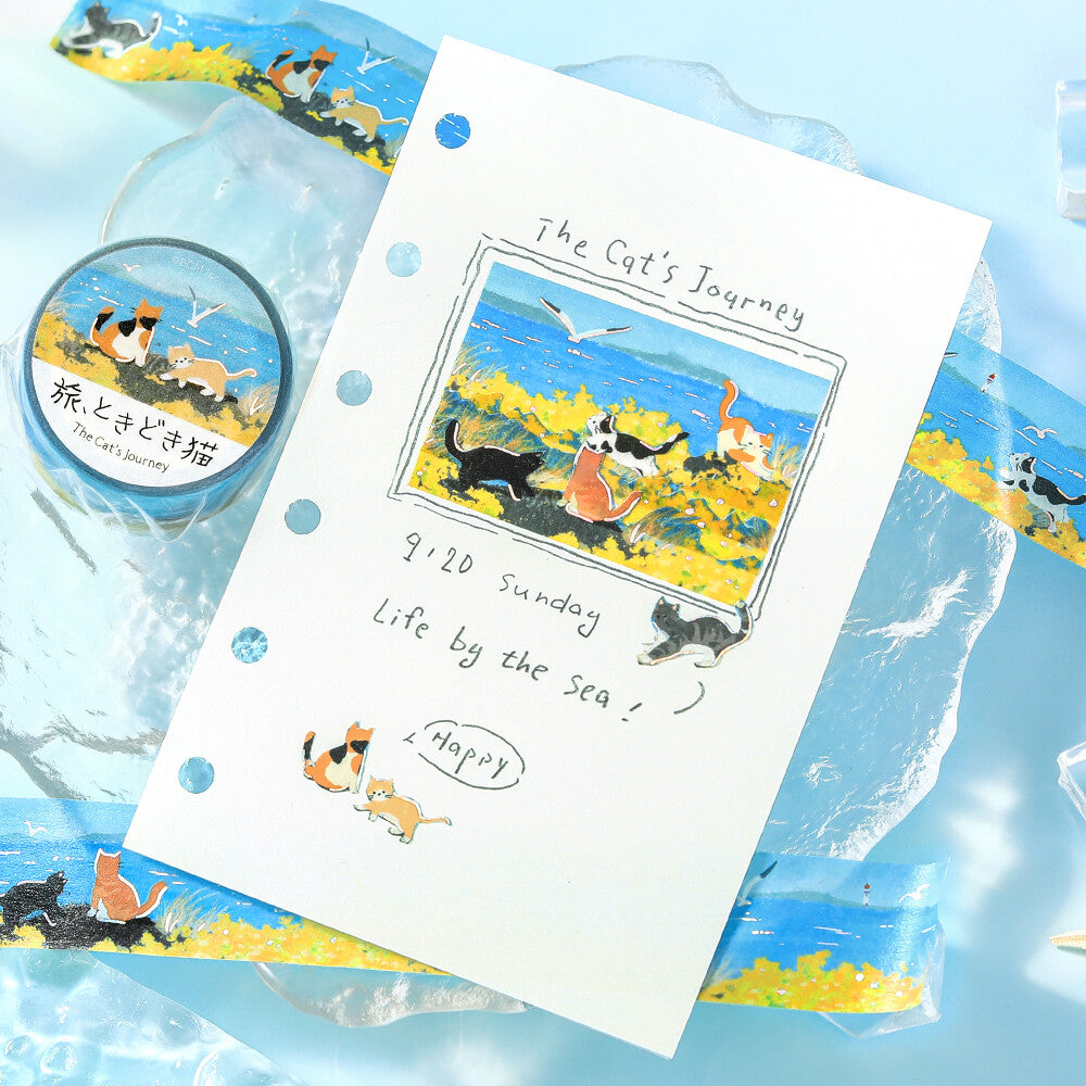 A washi strip of cats playing by the water on a blue background