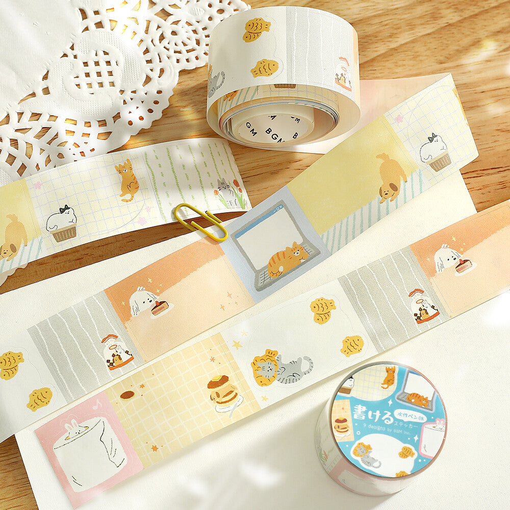 Decorative tape with cartoon designs on a wooden surface