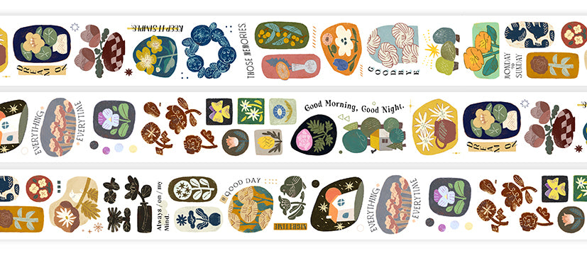 Decorative tape with various illustrations and text on a white background