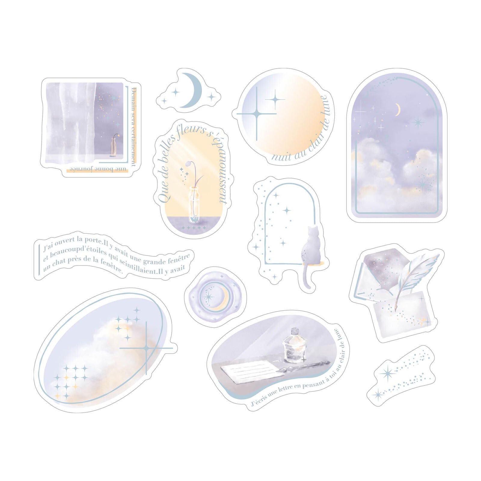 Set of decorative stickers with celestial and nature-themed designs on a white background.