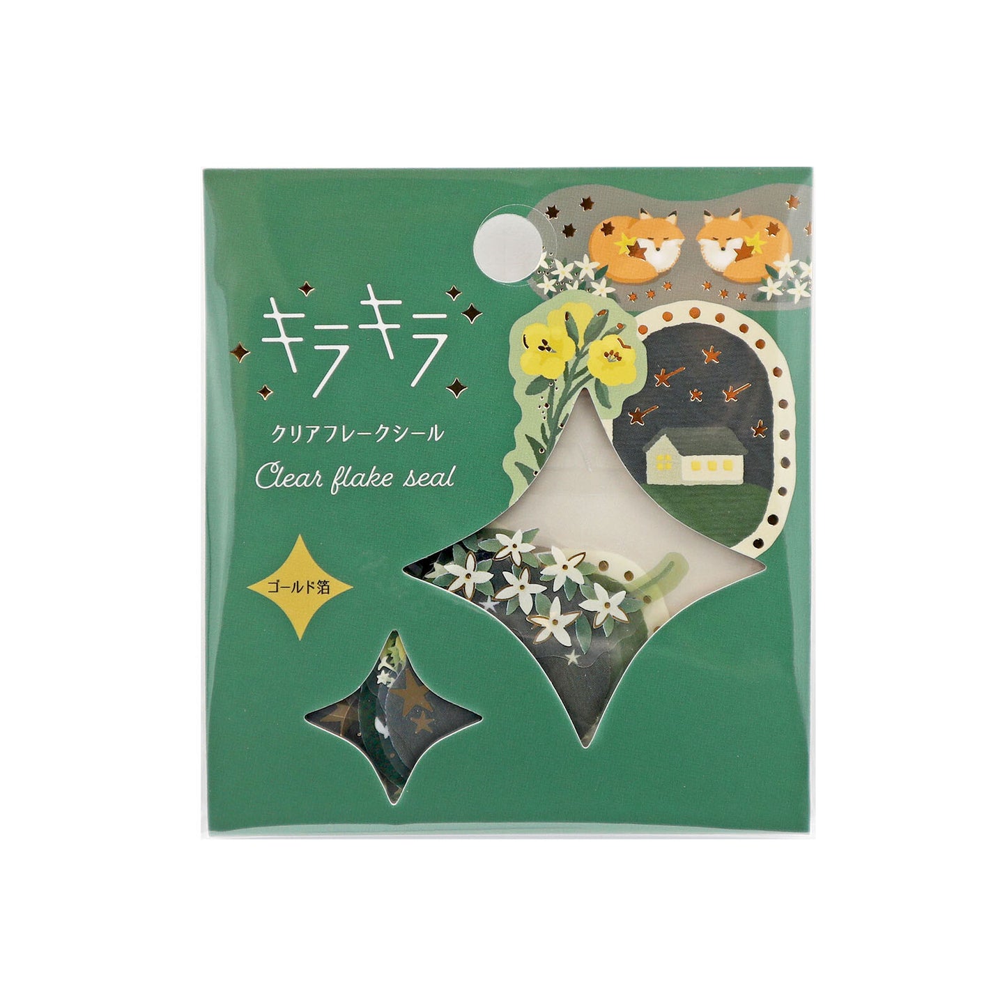 Clear flake seal packaging with decorative design on a green background