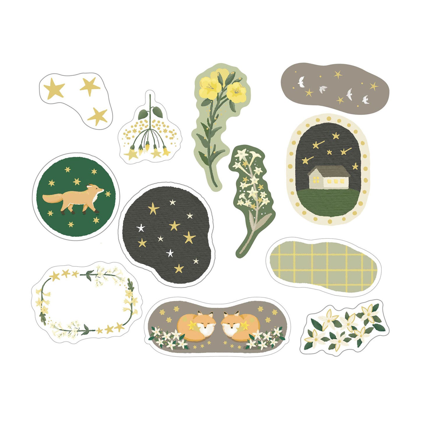 Set of nature-themed stickers with foxes, stars, and plants on a white background