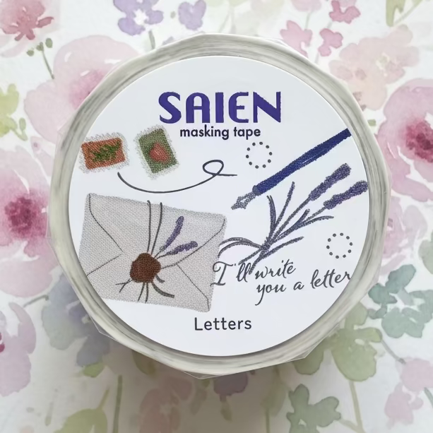 Saien masking tape with stationery-themed design on a light blue background