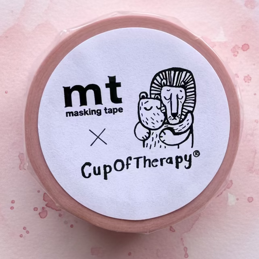 Roll of mt masking tape with CupOfTherapy branding on a light purple background