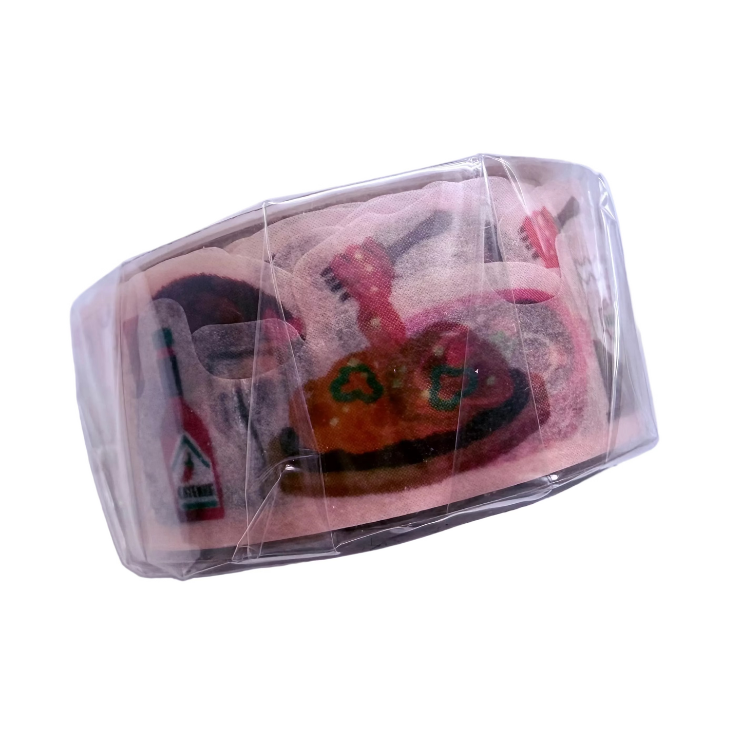 Clear plastic packaging of washi tape with a colorful design on a white background
