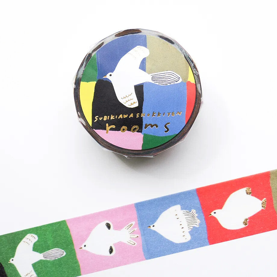 Washi tape featuring bird art in block colours with gold foil on a white background