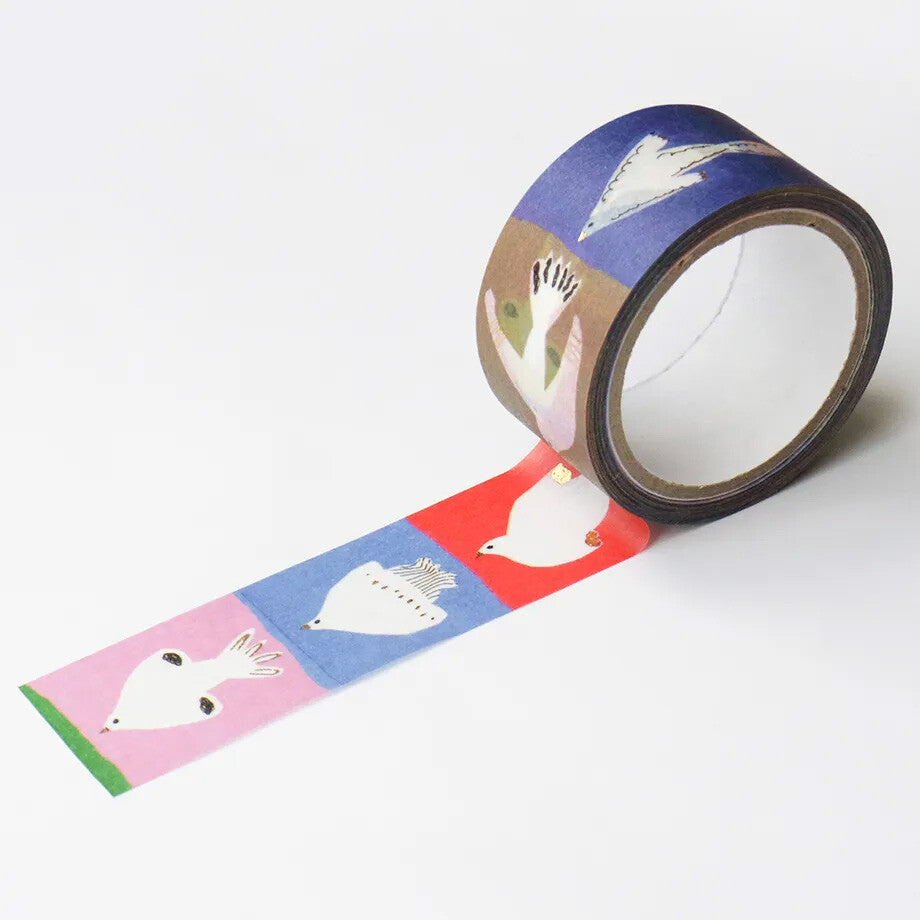 Washi tape featuring bird art in block colours with gold foil on a white background