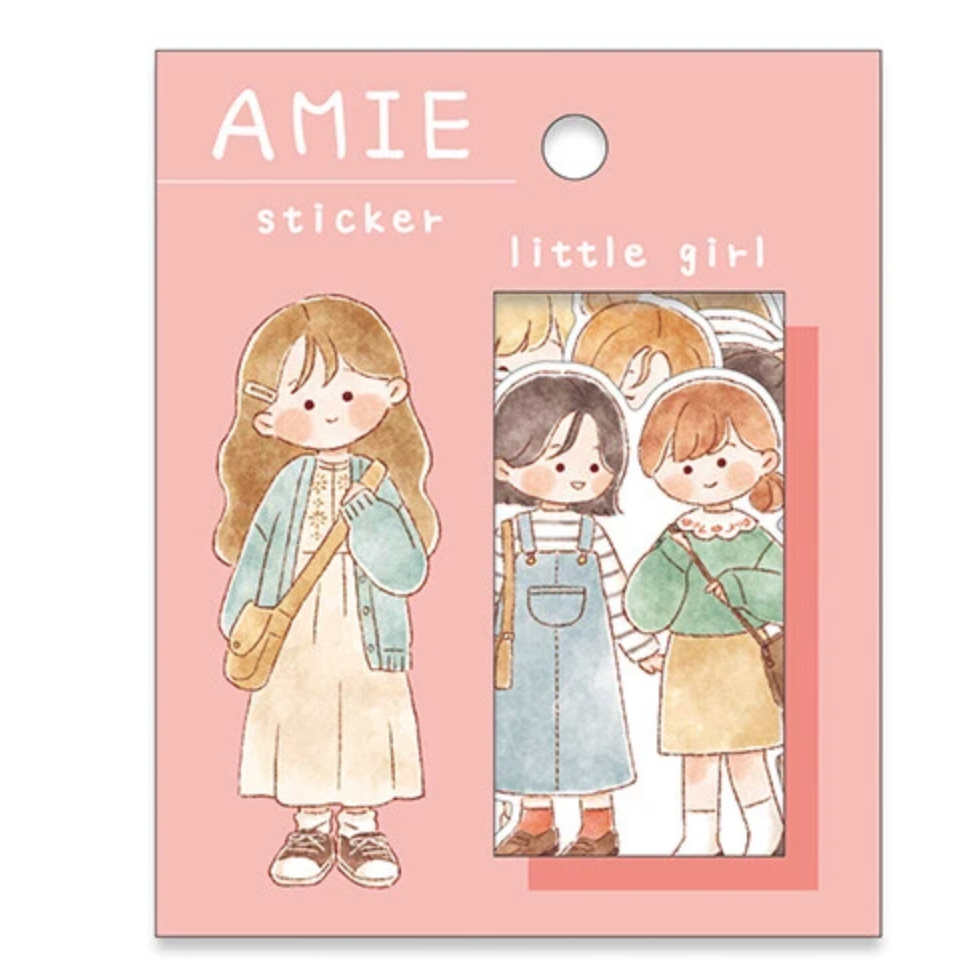 Sticker pack with illustrations of little girls on a pink background, featuring the brand 'AMIE'.